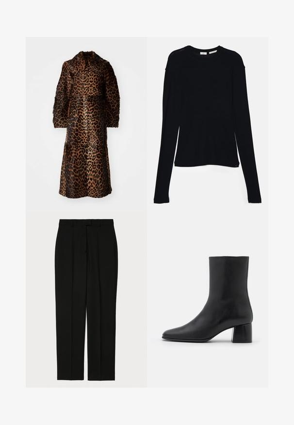 By Malene Birger RAFAIA - Téli kabát - brown; Fekete, hosszú ujjú felső, puha szövetből készült, kerek nyakkivágással és laza szabással, az alján oldalhasítékokkal a mozgás könnyítése érdekében.; Fekete nadrág sima anyagból, egyenes szár kialakítással, két elülső redővel és hagyományos derékkal, övhurkokkal.; Fekete bőr bokacsizma hegyes orral és vastag, négyzet alakú sarokkal. Simább felület, mondanivaló nélküli dizájn és minimalista varrás.