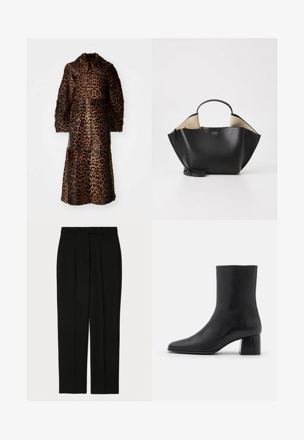 By Malene Birger RAFAIA - Zimní kabát - brown; Černý dlouhý rukáv top vyrobený z měkkého materiálu, s kulatým výstřihem a volným střihem, se bočními rozparky na olemování pro snadný pohyb.; Černé kalhoty vyrobené z hladké látky, s rovnými nohavicemi, dvěma předními sklady a tradičním páskem s poutky na opasek.; Černé kožené kotníkové boty s špičatou špičkou a robustním čtvercovým podpatek. Hladká textura s bezšvovým designem a minimalistickým prošíváním.; Ree Projects ANN TOTE MINI - Kabelka - black