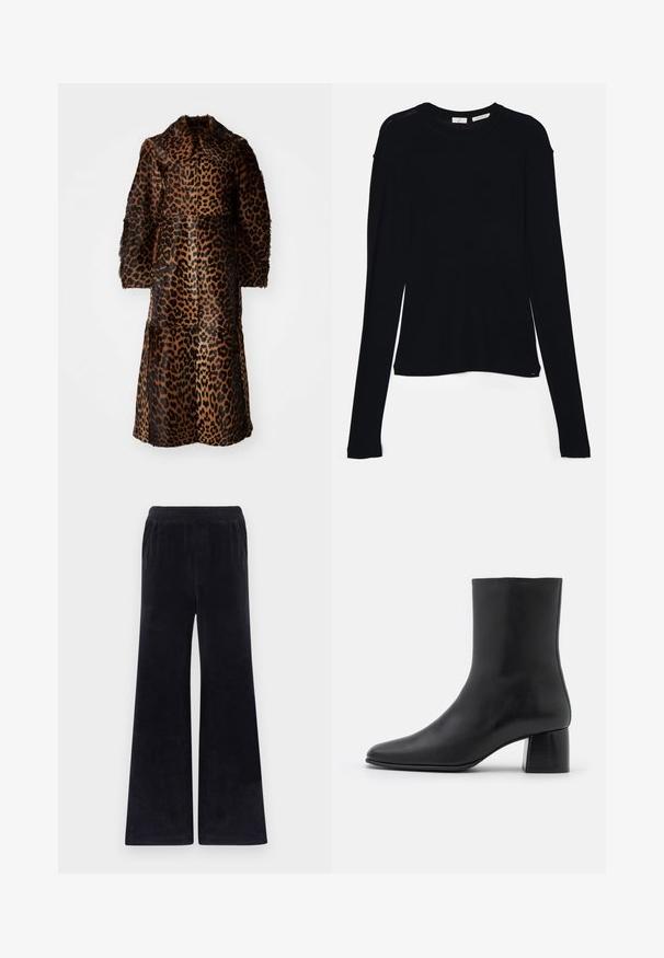 By Malene Birger RAFAIA - Winter coat - brown; Black long-sleeve top made of soft fabric, featuring a round neckline and a relaxed fit with side slits at the hem for ease of movement.; Black wide-leg pants made from soft fabric, featuring an elastic waistband, smooth texture, and no visible pockets or hardware.; Black leather ankle boot with a pointed toe and a chunky square heel. Smooth texture with a seamless design and minimalistic stitching.