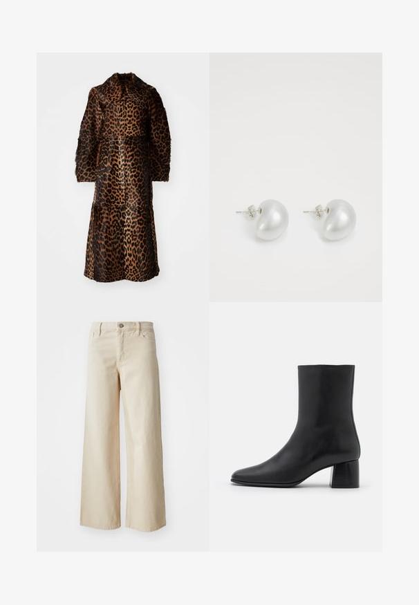 By Malene Birger RAFAIA - Téli kabát - brown; Fekete, hosszú ujjú felső, puha szövetből készült, kerek nyakkivágással és laza szabással, az alján oldalhasítékokkal a mozgás könnyítése érdekében.; Beige, bőszárú farmernadrág, magas derekú, gombos záródással, övhurkokkal és oldalzsebekkel. Sima textúrájú és laza szabású.; Fekete bőr bokacsizma hegyes orral és vastag, négyzet alakú sarokkal. Simább felület, mondanivaló nélküli dizájn és minimalista varrás.; Ezüst gyöngy fülbevalók, ívelt, bab forma. Simább, fényes felület és rögzített kapocs és hátlap.