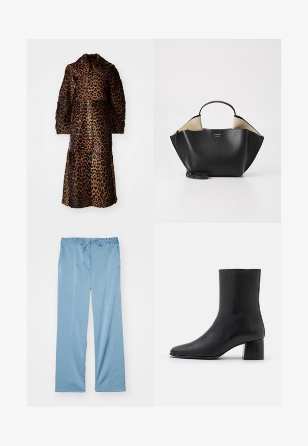 By Malene Birger RAFAIA - Zimní kabát - brown; Černý dlouhý rukáv top vyrobený z měkkého materiálu, s kulatým výstřihem a volným střihem, se bočními rozparky na olemování pro snadný pohyb.; Světle modré široké kalhoty vyrobené z měkké látky. Mají elastický pas s nastavitelnou šňůrkou a postranní kapsy.; Černé kožené kotníkové boty s špičatou špičkou a robustním čtvercovým podpatek. Hladká textura s bezšvovým designem a minimalistickým prošíváním.; Ree Projects ANN TOTE MINI - Kabelka - black