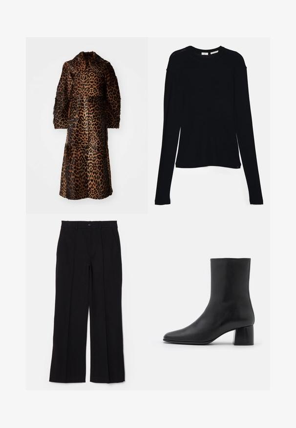 By Malene Birger RAFAIA - Casaco de inverno - brown; Top preto de manga longa feito de tecido suave, com decote redondo e um corte relaxado, apresentando aberturas laterais na barra para facilitar os movimentos.; Calças pretas com frente lisa, pernas retas e bolsos. Feitas de um tecido suave, apresentam um fecho com um único botão e passantes para cinto.; Botim de pele preta até ao tornozelo com biqueira pontiaguda e salto quadrado robusto. Textura suave com um design sem costuras e costura minimalista.