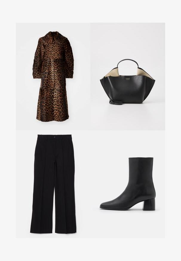 By Malene Birger RAFAIA - Winter coat - brown; Black long-sleeve top made of soft fabric, featuring a round neckline and a relaxed fit with side slits at the hem for ease of movement.; Black trousers with a flat front, straight legs, and pockets. Made from a soft fabric, featuring a single button closure and belt loops.; Black leather ankle boot with a pointed toe and a chunky square heel. Smooth texture with a seamless design and minimalistic stitching.; Ree Projects ANN TOTE MINI - Handbag - black