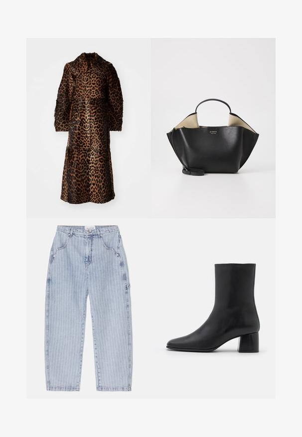 By Malene Birger RAFAIA - Abrigo de invierno - brown; Camiseta negra de manga larga hecha de tela suave, con un escote redondo y un corte relajado, con aberturas en los laterales del dobladillo para facilitar el movimiento.; Jeans de mezclilla azul claro con rayas blancas verticales, corte relajado, cintura de altura media y diseño de cinco bolsillos. Presenta detalles de costura.; Botín negro de cuero hasta el tobillo con punta afilada y un tacón cuadrado y grueso. Textura suave con un diseño sin costuras y un estilo minimalista en las costuras.; Ree Projects ANN TOTE MINI - Bolso de mano - black