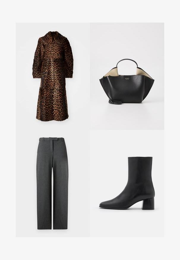By Malene Birger RAFAIA - Wintermantel - brown; Schwarzes Langarmoberteil aus weichem Stoff, mit rundem Ausschnitt und lässiger Passform, seitlichen Schlitzen am Saum für mehr Bewegungsfreiheit.; Grau texturierte weite Hosen mit taillierter Passform, ausgestattet mit einem Gürtelschlaufenbund und seitlichen Taschen, aus einem glänzenden Stoff gefertigt.; Schwarze Leder-Ankle-Boots mit spitzer Zehenpartie und einem klobigen, quadratischen Absatz. Glatte Textur mit nahtlosem Design und minimalistischem Nähen.; Ree Projects ANN TOTE MINI - Handtasche - black