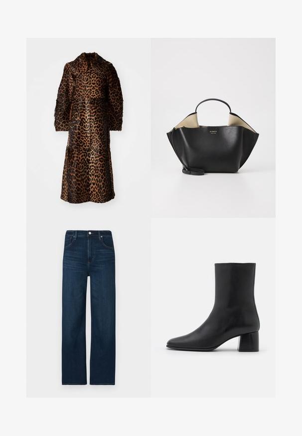 By Malene Birger RAFAIA - Winter coat - brown; Black long-sleeve top made of soft fabric, featuring a round neckline and a relaxed fit with side slits at the hem for ease of movement.; Dark blue denim jeans with a straight-leg design, featuring a button and zip closure, subtle stitching details, and five-pocket styling.; Black leather ankle boot with a pointed toe and a chunky square heel. Smooth texture with a seamless design and minimalistic stitching.; Ree Projects ANN TOTE MINI - Handbag - black