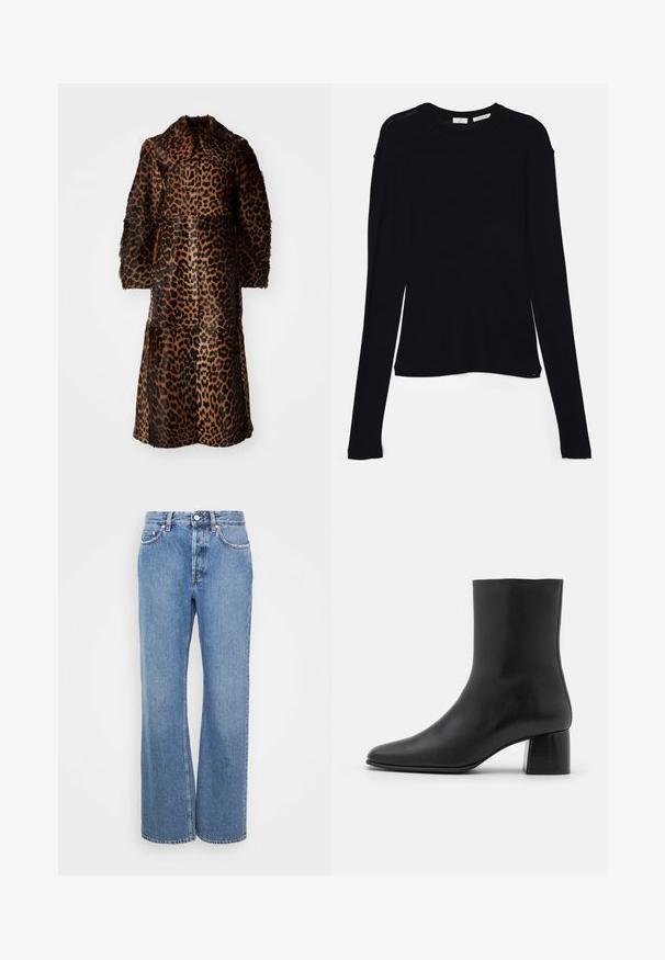 By Malene Birger RAFAIA - Abrigo de invierno - brown; Camiseta negra de manga larga hecha de tela suave, con un escote redondo y un corte relajado, con aberturas en los laterales del dobladillo para facilitar el movimiento.; Jeans de corte recto y pierna ancha de cintura alta en un tono desgastado claro. Presentan costuras clásicas de denim y cinco bolsillos. Textura suave.; Botín negro de cuero hasta el tobillo con punta afilada y un tacón cuadrado y grueso. Textura suave con un diseño sin costuras y un estilo minimalista en las costuras.