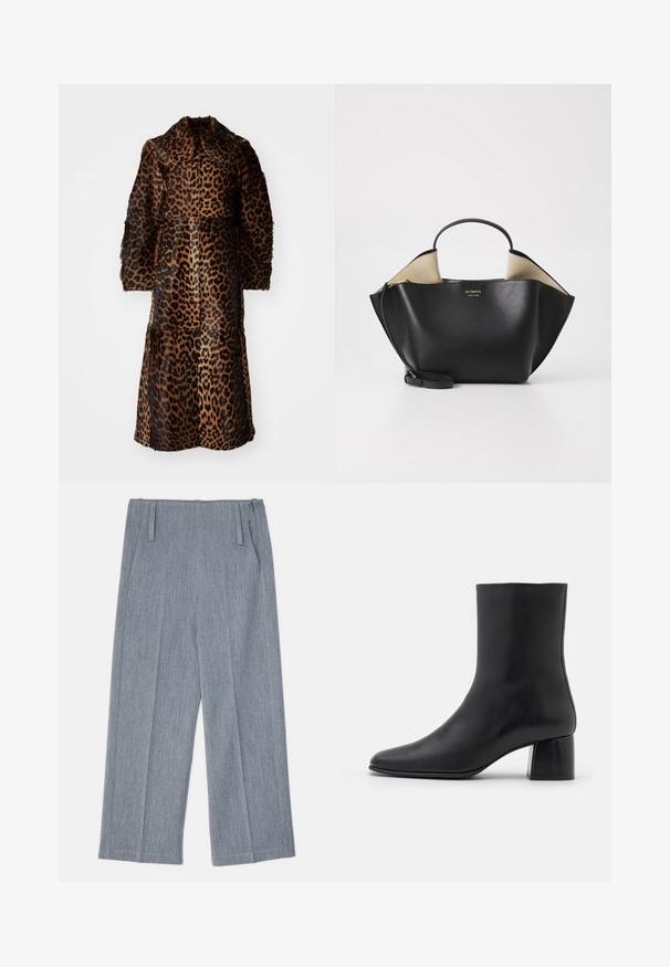 By Malene Birger RAFAIA - Zimski plašč - brown; Črna dolgo rokavna majica iz mehkega blaga, s krogličnim izrezom in sproščenim krojem z bočnimi razpokami na robu za lažje gibanje.; Svetlo sivi, široki hlače iz teksturirane tkanine, ki imajo dve sprednji gubi in že dva stranska žepa. Čist, prilagojen dizajn.; Črne usnjene gležnjarje s koničastim nosom in masivnim kvadratnim peto. Gladka tekstura z brezšivnim dizajnom in minimalnim šivanjem.; Ree Projects ANN TOTE MINI - Torbica - black