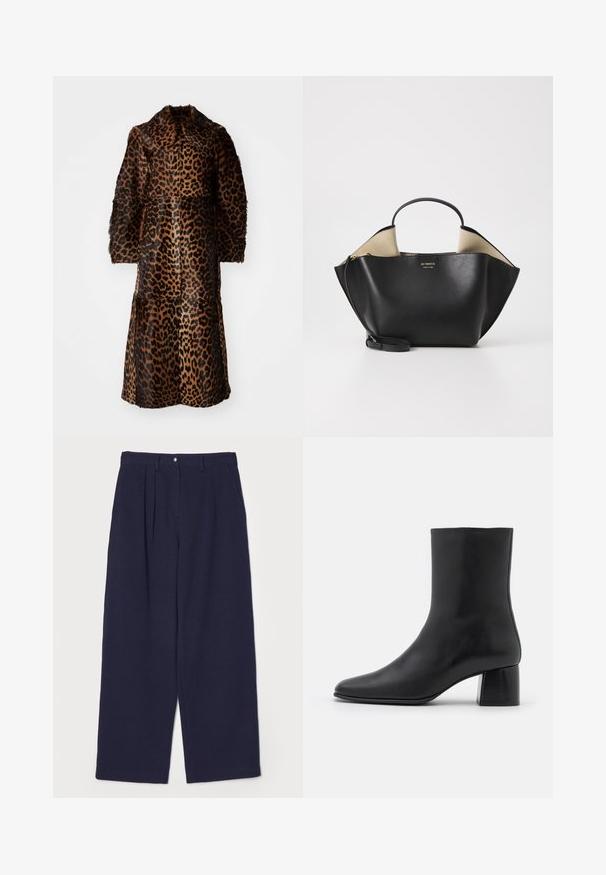 By Malene Birger RAFAIA - Vinterfrakke - brown; Sort langærmet bluse lavet af blødt stof, med rund halsudskæring og en afslappet pasform med sideslids i kanten for nem bevægelse.; Navyblå brede bukser lavet af struktureret stof, med en frontfold, metalknaplukning og sidelommer.; Sorte læder ankelstøvler med spids tå og en kraftig firkantet hæl. Glat overflade med et sømløst design og minimalistisk syning.; Ree Projects ANN TOTE MINI - Håndtasker - black