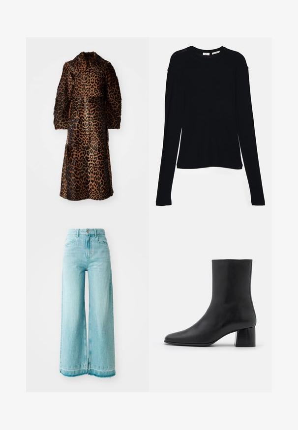 By Malene Birger RAFAIA - Abrigo de invierno - brown; Camiseta negra de manga larga hecha de tela suave, con un escote redondo y un corte relajado, con aberturas en los laterales del dobladillo para facilitar el movimiento.; Vaqueros de pierna ancha en azul claro con tiro alto, que cuentan con un cierre de botón, bolsillos frontales y dobladillos desgastados para un aspecto informal.; Botín negro de cuero hasta el tobillo con punta afilada y un tacón cuadrado y grueso. Textura suave con un diseño sin costuras y un estilo minimalista en las costuras.