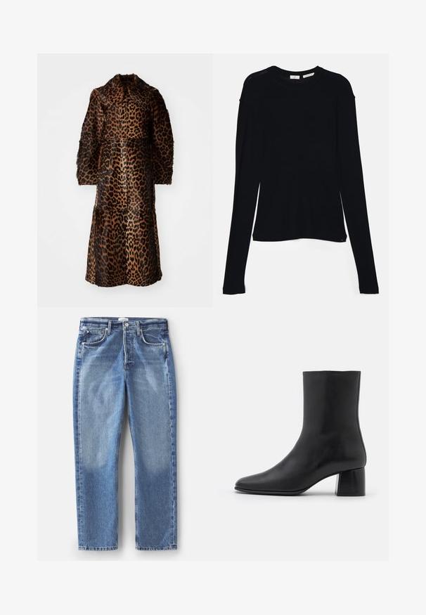 By Malene Birger RAFAIA - Χειμωνιάτικο παλτό - brown; Μαύρη μακρυμάνικη μπλούζα φτιαγμένη από μαλακό ύφασμα, με στρογγυλή λαιμόκοψη και άνετη εφαρμογή, διαθέτοντας πλευρικά σκισίματα στο στρίφωμα για ευκολία κινήσεων.; Μπλε τζιν παντελόνι με ίσια γραμμή και ξεθωριασμένο φινίρισμα, πέντε θ pocketλους και κλείσιμο με κουμπί μπροστά. Διαθέτει διακριτικά σημάδια από φθορά και λεπτομέρειες ραφής.; Μαύρη δερμάτινη μπότα στον αστράγαλο με μυτερή μύτη και χοντρό τετράγωνο τακούνι. Λείος υφή με άψογη σχεδίαση και ελάχιστη ραφή.