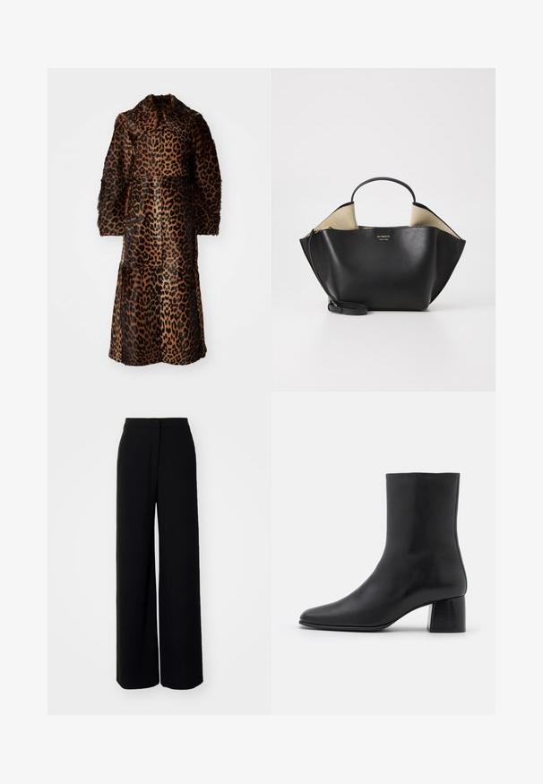 By Malene Birger RAFAIA - Abrigo de invierno - brown; Camiseta negra de manga larga hecha de tela suave, con un escote redondo y un corte relajado, con aberturas en los laterales del dobladillo para facilitar el movimiento.; Pantalones anchos negros de cintura alta, con tejido suave, cierre frontal con botón y sin bolsillos visibles, presentando un ajuste entallado.; Botín negro de cuero hasta el tobillo con punta afilada y un tacón cuadrado y grueso. Textura suave con un diseño sin costuras y un estilo minimalista en las costuras.; Ree Projects ANN TOTE MINI - Bolso de mano - black