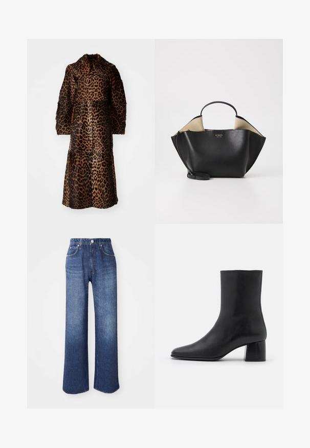 By Malene Birger RAFAIA - Winter coat - brown; Black long-sleeve top made of soft fabric, featuring a round neckline and a relaxed fit with side slits at the hem for ease of movement.; Wide-leg blue denim jeans, featuring a high waist, five pockets, and a silver button closure. The fabric has a smooth texture with subtle fading.; Black leather ankle boot with a pointed toe and a chunky square heel. Smooth texture with a seamless design and minimalistic stitching.; Ree Projects ANN TOTE MINI - Handbag - black