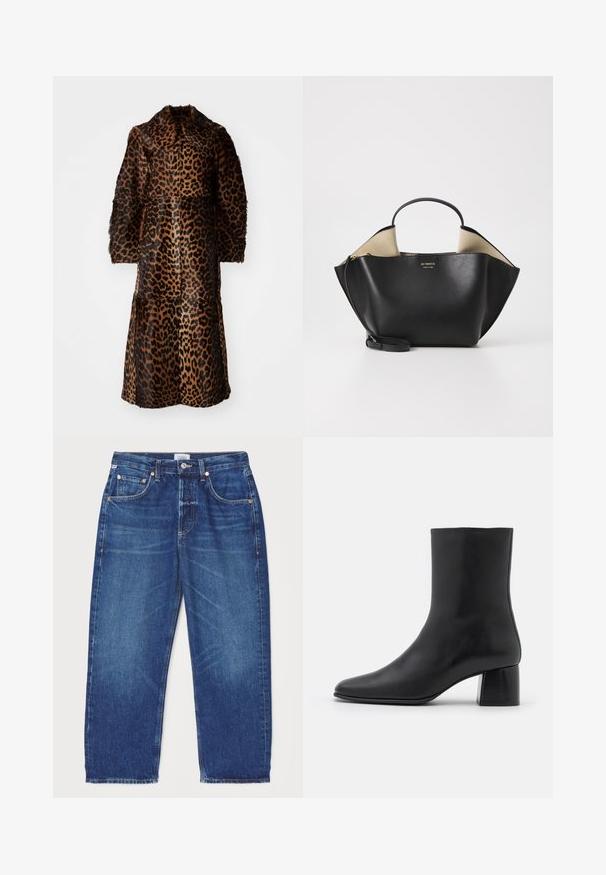 By Malene Birger RAFAIA - Casaco de inverno - brown; Top preto de manga longa feito de tecido suave, com decote redondo e um corte relaxado, apresentando aberturas laterais na barra para facilitar os movimentos.; Citizens of Humanity DAHLIA IN CLAREMONT - Calças de ganga de corte relaxado - dark-blue denim; Botim de pele preta até ao tornozelo com biqueira pontiaguda e salto quadrado robusto. Textura suave com um design sem costuras e costura minimalista.; Ree Projects ANN TOTE MINI - Mala de mão - black