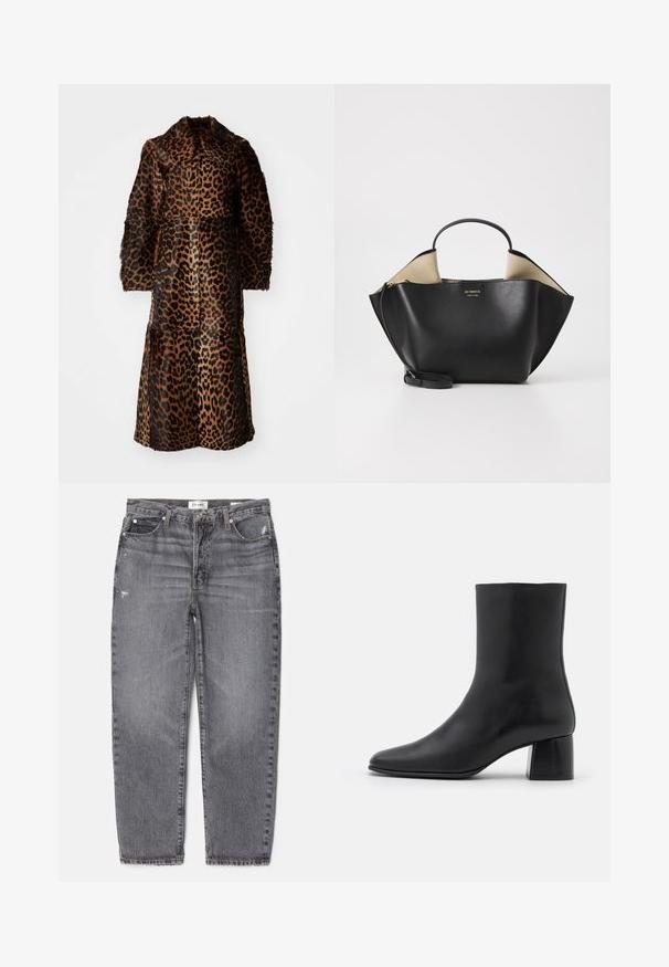 By Malene Birger RAFAIA - Winter coat - brown; Black long-sleeve top made of soft fabric, featuring a round neckline and a relaxed fit with side slits at the hem for ease of movement.; Gray denim jeans with a straight fit, faded texture, slight distressing on the front, and a classic five-pocket design.; Black leather ankle boot with a pointed toe and a chunky square heel. Smooth texture with a seamless design and minimalistic stitching.; Ree Projects ANN TOTE MINI - Handbag - black