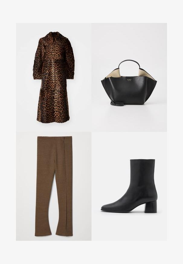 By Malene Birger RAFAIA - Zimní kabát - brown; Černý dlouhý rukáv top vyrobený z měkkého materiálu, s kulatým výstřihem a volným střihem, se bočními rozparky na olemování pro snadný pohyb.; Hnědé kostkované kalhoty s rozšířenými nohavicemi, které mají strukturovanou tkaninu, vysoký pas a zip na boku.; Černé kožené kotníkové boty s špičatou špičkou a robustním čtvercovým podpatek. Hladká textura s bezšvovým designem a minimalistickým prošíváním.; Ree Projects ANN TOTE MINI - Kabelka - black; Stříbrné perlové naušnice v zakřiveném tvaru fazole. Hladký, lesklý povrch a zajištěné pomocí kolíčku a zajišťovacího uzávěru.