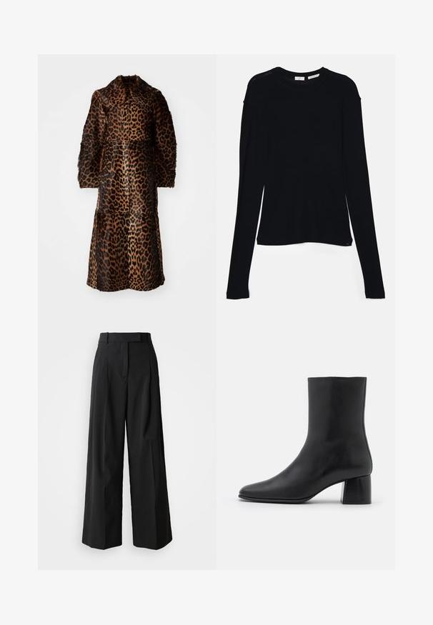 By Malene Birger RAFAIA - Zimski kaput - brown; Crna majica dugih rukava od mekog materijala, sa okruglim izrezom i ležernim krojem s bočnim prorezima na rubu za lakše kretanje.; Crne široke hlače izrađene od glatke tkanine s visokim strukom, s dva prednja nabora i krojem koji prati liniju tijela.; Crne kožne gležnjače s šiljastim vrhom i širokim kvadratnim potpeticom. Glatka tekstura s bešavnim dizajnom i minimalističkim šavovima.