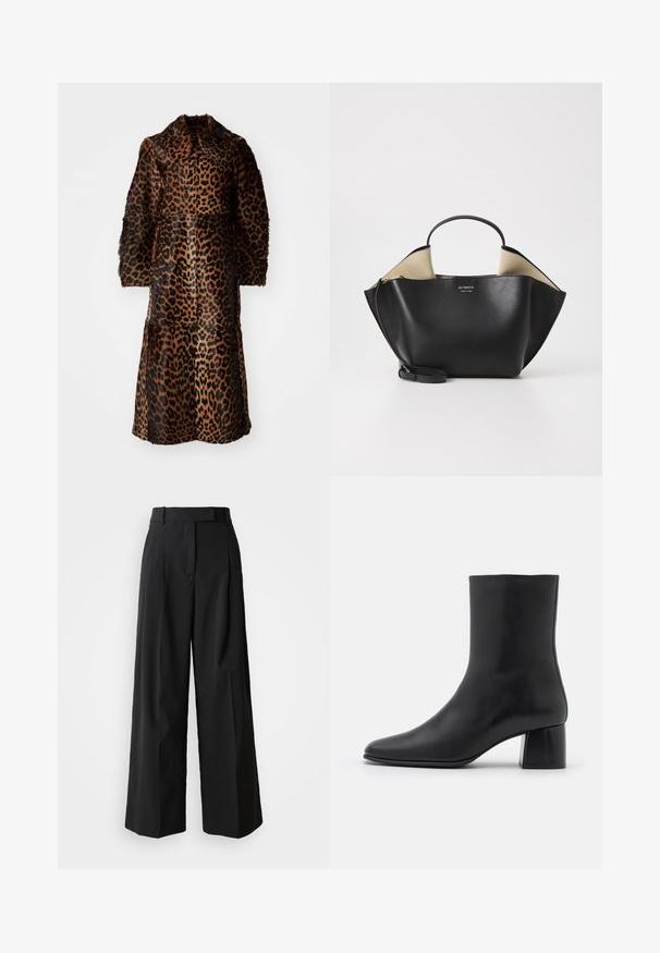 By Malene Birger RAFAIA - Zimski plašč - brown; Črna dolgo rokavna majica iz mehkega blaga, s krogličnim izrezom in sproščenim krojem z bočnimi razpokami na robu za lažje gibanje.; Črne široke hlače narejene iz gladkega materiala z visokim pasom, z dvema sprednjima gubama in krojem, ki je prilagojen.; Črne usnjene gležnjarje s koničastim nosom in masivnim kvadratnim peto. Gladka tekstura z brezšivnim dizajnom in minimalnim šivanjem.; Ree Projects ANN TOTE MINI - Torbica - black