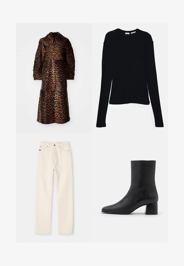 By Malene Birger RAFAIA - Talvemantel - brown; Must mustärg pikkade varrukatega topp, mis on valmistatud pehmest kangast. Topil on ümar kaelus ja lõdvem lõige, mille ääres on külgedel lõiked, et liikuda mugavalt.; Valged denim teksad sirge lõikega, viie taskuga disain ja nähtavad õmblused. Omab nuppu ja tõmbluku sulgemist, koos brändi sildi detailiga.; Must musta ankle boot terava nina ja turske ruudukujulise kontsaga. Sile tekstuur, sujuv disain ja minimaalne õmblus.