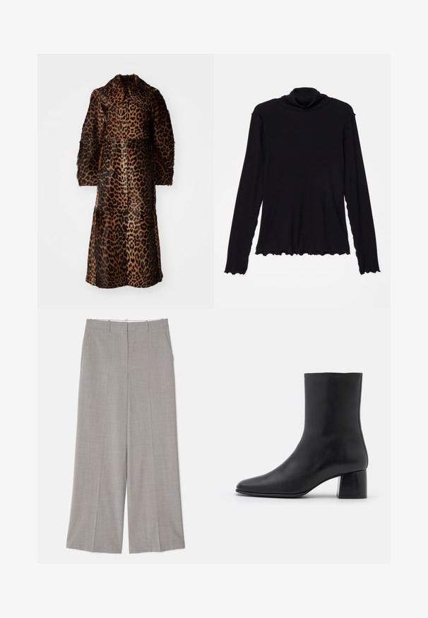 By Malene Birger RAFAIA - Cappotto invernale - brown; Rodebjer CISNE - Maglietta a manica lunga - black; Pantaloni a gamba larga grigio chiaro in un tessuto liscio e strutturato. Caratteristiche includono tasche laterali e una vestibilità su misura con taglio dritto.; Stivali ankle in pelle nera con punta affusolata e tacco quadrato grosso. Texture liscia con un design senza cuciture e cuciture minimaliste.