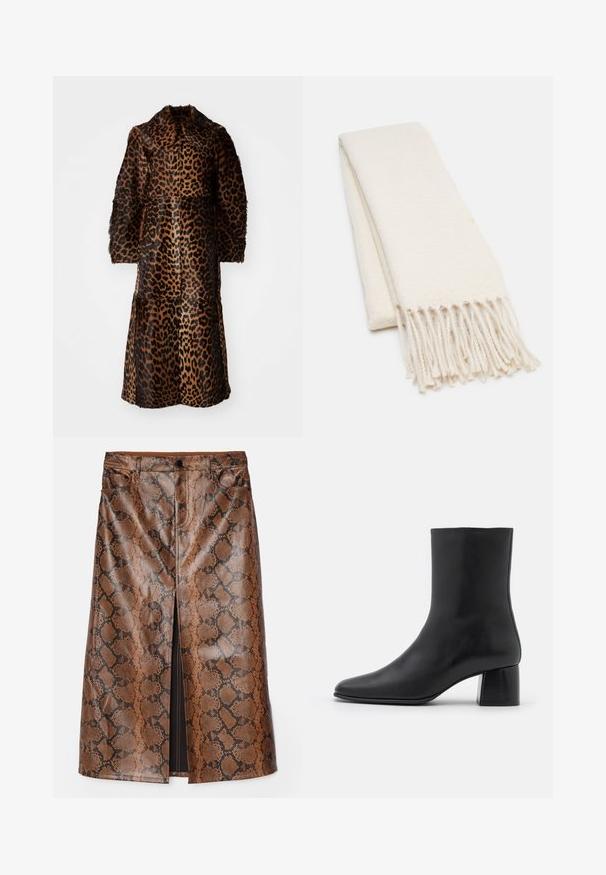 By Malene Birger RAFAIA - Zimní kabát - brown; Bílé bavlněné tričko s krátkými rukávy, kulatým výstřihem a hladkou texturou. Zadní strana je jednoduchá bez dalších vzorů nebo designů.; Hnědá midi sukně s hadím potiskem vyrobená z lesklého a strukturovaného materiálu, s předním rozparkem a tradičními kapsami ve stylu džínů.; Černé kožené kotníkové boty s špičatou špičkou a robustním čtvercovým podpatek. Hladká textura s bezšvovým designem a minimalistickým prošíváním.; Bílý šátek s texturovaným vzorem, se střapci na koncích. Materiál vypadá jemně a lehce, složený do úhledného tvaru pro vystavení.; Černá taška přes rameno vyrobená z texturovaného materiálu, s dvěma dlouhými uchy a jednoduchým, minimalistickým designem bez viditelného kování.