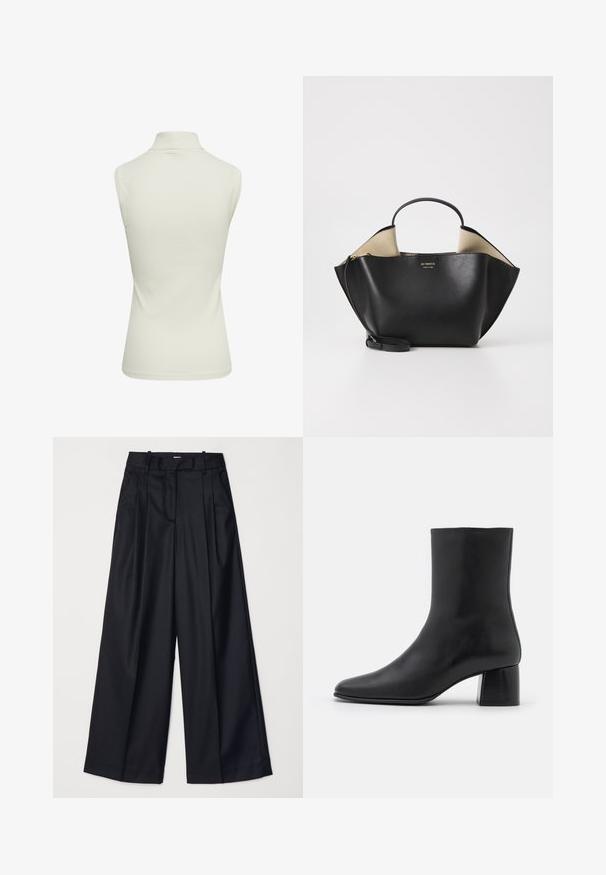 By Malene Birger RAFAIA - Cappotto invernale - brown; Top a collo scudetto senza maniche a coste, di colore crema chiaro. Texture liscia con una forma aderente e bordi puliti, caratterizzato da un collo alto.; Pantaloni neri a gamba larga realizzati in un tessuto morbido, con vita alta, pieghe e un design sartoriale. Finiture semplici in nero in vita.; Stivali ankle in pelle nera con punta affusolata e tacco quadrato grosso. Texture liscia con un design senza cuciture e cuciture minimaliste.; Ree Projects ANN TOTE MINI - Borsa a mano - black