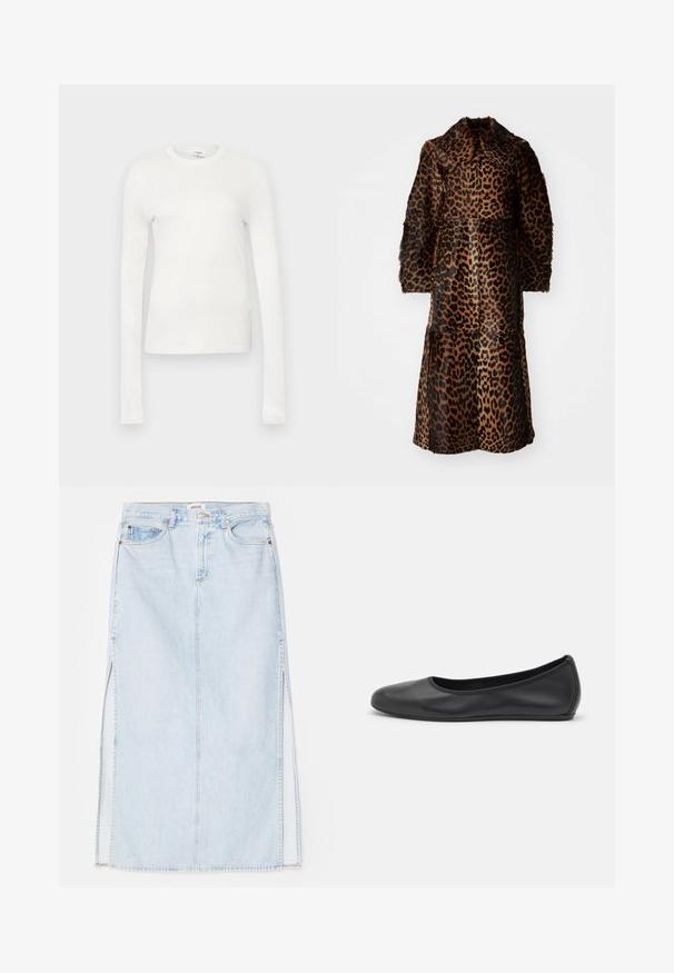 By Malene Birger RAFAIA brązowy; Biała koszulka z długim rękawem wykonana z miękkiej bawełny. Posiada okrągły dekolt, dopasowany fason i gładką fakturę. Brak wzorów lub akcentów.; Jasnoniebieska dżinsowa spódnica maxi o prostym kroju, z bocznymi rozcięciami i pięcioma kieszeniami. Wyraźne przyszycia i metalowe zapięcie na guzik.; Czarne skórzane baletki z zaokrąglonym noskiem, gładką fakturą, minimalnymi przeszyciami i elastycznym designem podeszwy.