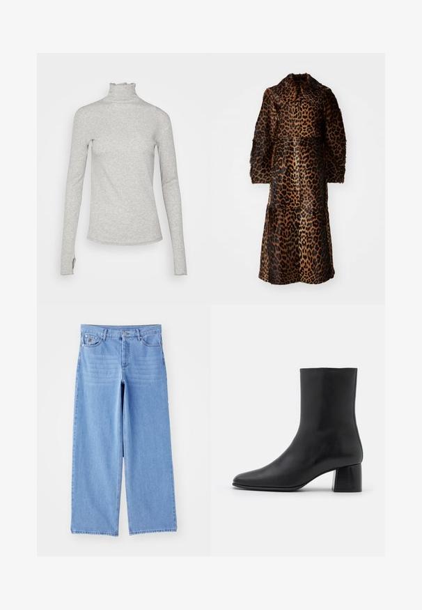 By Malene Birger RAFAIA - Wintermantel - brown; Helles graues Langarm-Turtleneck-Oberteil aus weichem Stoff, mit einem Rüschenkragen und figurbetontem Design, und einem geraden Saum.; Hellblaue weit geschnittene Jeans aus Denim, mit einem klassischen Fünf-Taschen-Design und einem Knopfverschluss. Glatte Textur, ausgefranster Saum.; Schwarze Leder-Ankle-Boots mit spitzer Zehenpartie und einem klobigen, quadratischen Absatz. Glatte Textur mit nahtlosem Design und minimalistischem Nähen.