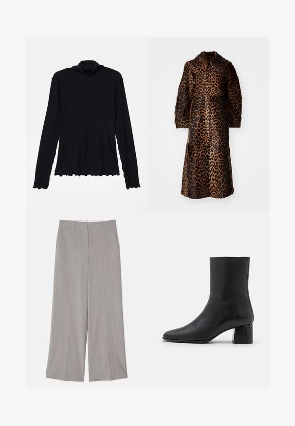 By Malene Birger RAFAIA - Zimný kabát - brown; Rodebjer CISNE - Top s dlhým rukávom - black; Svetlošedé nohavice s širokými nohavicami vyrobené z hladkej, textúrovanej tkaniny. Medzi vlastnosti patrí bočné vrecká a prispôsobený strih s rovnými nohavicami.; Čierna kožená členková čižma s špicatou špičkou a masívnym štvorcovým podpätkom. Hladká textura s bezšvovým dizajnom a minimalistickým prešívaním.