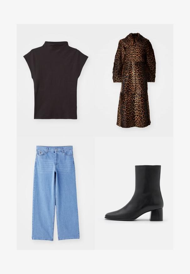 By Malene Birger RAFAIA - Wintermantel - brown; Zwarte kortemouwen coltrui gemaakt van rekbare stof, met een ontspannen pasvorm en een gladde textuur, zonder zichtbare patronen of accenten.; Lichtblauwe wijde jeans van denim, met een klassieke vijf-pocketontwerp en een knoopsluiting. Soepele textuur, rafelige zoom.; Zwarte leren enkelboot met een spitse neus en een chunky vierkante hak. Glad oppervlak met een naadloos ontwerp en minimalistische stiksels.