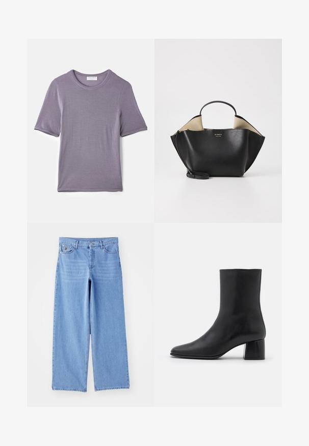 By Malene Birger RAFAIA - Vinterkappa /-rock - brown; Lila kortärmad t-shirt i mjuk kvalitet, med rund hals och rak fåll, med en slät textur och inga synliga mönster.; Ljust blå vida jeans i denim, med en klassisk femficksdesign och knappgylf. Slät textur, trasig nederkant.; Svart läderankelstövel med spetsig tå och chunkig fyrkantig klack. Slät textur med sömlös design och minimalistisk sömnad.; Ree Projects ANN TOTE MINI - Handväska - black