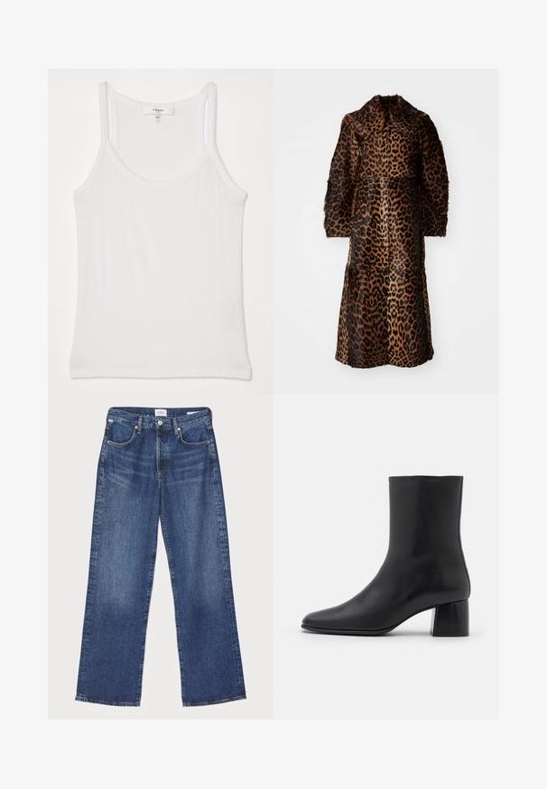 By Malene Birger RAFAIA - Zimski plašč - brown; Bela brezrokavna majica iz mehkega, rebrastega materiala; ima tanke naramnice in okrogli izrez, oznaka pa pravi "FRAME."; Citizens of Humanity ANNINA - Ravne kavbojke - westwood dark indigo; Črne usnjene gležnjarje s koničastim nosom in masivnim kvadratnim peto. Gladka tekstura z brezšivnim dizajnom in minimalnim šivanjem.