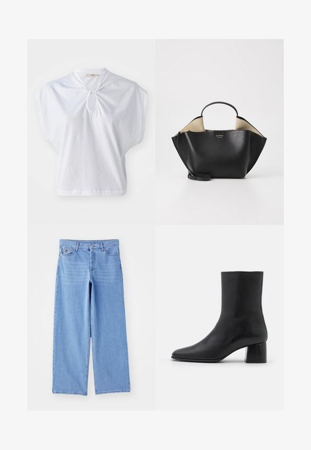 By Malene Birger RAFAIA - Winter coat - brown; White short-sleeve top made of cotton, featuring a round neck with a keyhole detail and a relaxed, boxy fit. Smooth texture with a solid color.; Light blue wide-leg jeans made of denim, featuring a classic five-pocket design and a button-fly closure. Smooth texture, frayed hem.; Black leather ankle boot with a pointed toe and a chunky square heel. Smooth texture with a seamless design and minimalistic stitching.; Ree Projects ANN TOTE MINI - Handbag - black