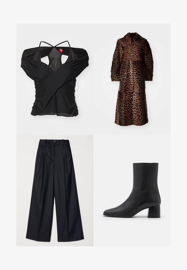 By Malene Birger RAFAIA - Geacă - brown; 032c DRAPED SWAN EVENING - Tricou cu imprimeu - black; Pantaloni negri cu picioare late, confecționați dintr-un material neted, având talie înaltă, plii și un design croitorie. Accesorii simple negre la talie.; Botine negre din piele, cu vârf ascuțit și toc pătrat masiv. Textură netedă, cu un design fără cusături și cusături minimaliste.