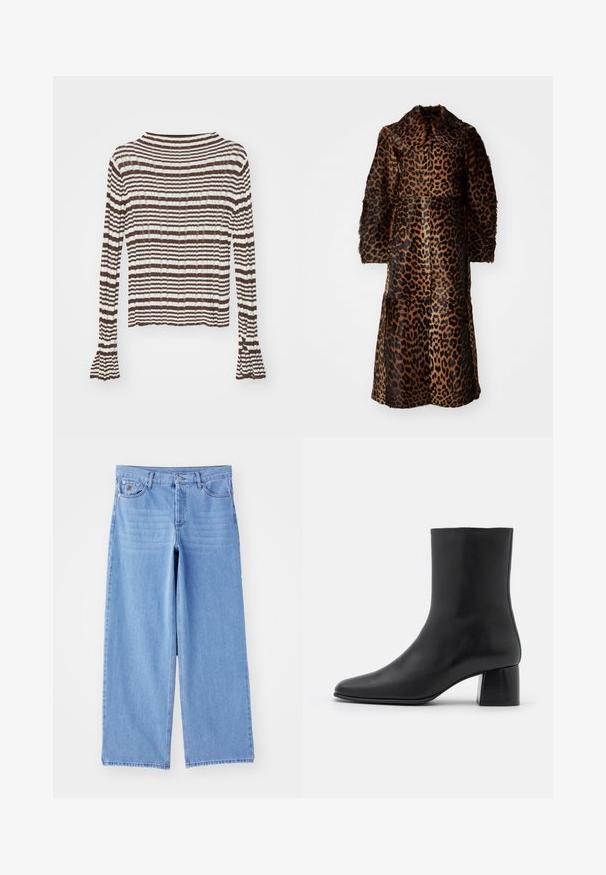 By Malene Birger RAFAIA - Talvemantel - brown; Holzweiler STRIPE TURTLENECK - Pikkade varrukatega topp - brown mix; Heledad sinine laiad teksapüksid, valmistatud denimist, klassikalise viie tasku kujundusega ja nupplukuga. Sile tekstuur, hõrenenud serv.; Must musta ankle boot terava nina ja turske ruudukujulise kontsaga. Sile tekstuur, sujuv disain ja minimaalne õmblus.