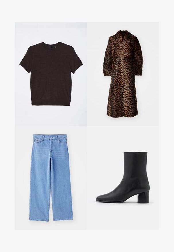 By Malene Birger RAFAIA - Vinterfrakke - brown; Theory TEE - T-shirts print - mink; Lys blå brede ben jeans lavet af denim, med et klassisk fem-lomme design og en knaplukning. Glat tekstur, slidte kanter.; Sorte læder ankelstøvler med spids tå og en kraftig firkantet hæl. Glat overflade med et sømløst design og minimalistisk syning.