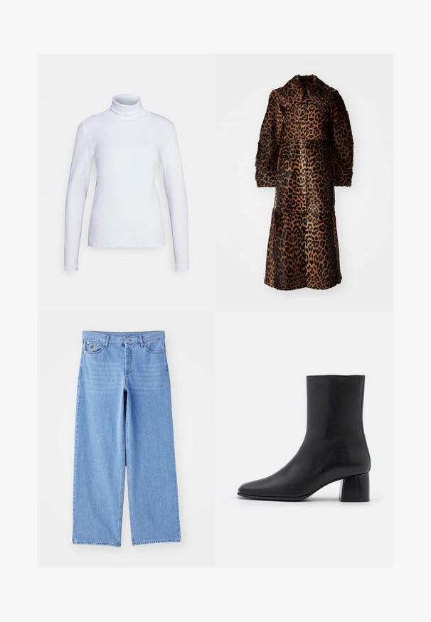 By Malene Birger RAFAIA - Talvemantel - brown; Valge kõrge kaelusega pusa, mis on valmistatud siledast kangast. Sobiv disain minimaalse õmblusega, kõrge kaelus ja sirge alläär.; Heledad sinine laiad teksapüksid, valmistatud denimist, klassikalise viie tasku kujundusega ja nupplukuga. Sile tekstuur, hõrenenud serv.; Must musta ankle boot terava nina ja turske ruudukujulise kontsaga. Sile tekstuur, sujuv disain ja minimaalne õmblus.