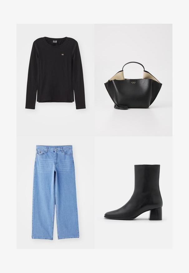 By Malene Birger RAFAIA - Talvemantel - brown; Musta pikkade varrukatega topp, mis on valmistatud pehmest materjalist. Omab ümarat kaelust ja väikest logo vasakul rinnal. Sile tekstuur, mugav lõige.; Heledad sinine laiad teksapüksid, valmistatud denimist, klassikalise viie tasku kujundusega ja nupplukuga. Sile tekstuur, hõrenenud serv.; Must musta ankle boot terava nina ja turske ruudukujulise kontsaga. Sile tekstuur, sujuv disain ja minimaalne õmblus.; Ree Projects ANN TOTE MINI - Käekott - black