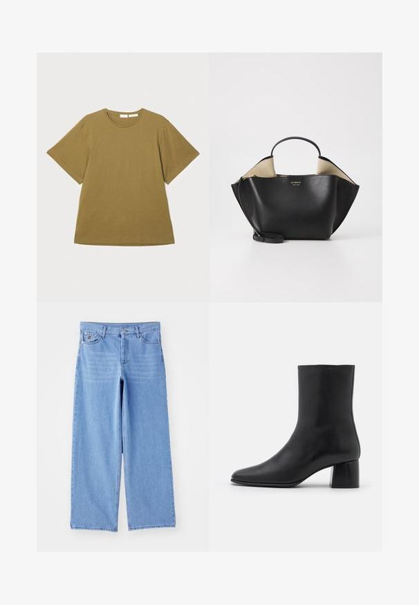 By Malene Birger RAFAIA - Vinterfrakke - brown; Olivenfarvet t-shirt med korte ærmer lavet af blødt stof, med rund halsudskæring og en afslappet pasform, præsenteret mod en hvid baggrund.; Lys blå brede ben jeans lavet af denim, med et klassisk fem-lomme design og en knaplukning. Glat tekstur, slidte kanter.; Sorte læder ankelstøvler med spids tå og en kraftig firkantet hæl. Glat overflade med et sømløst design og minimalistisk syning.; Ree Projects ANN TOTE MINI - Håndtasker - black