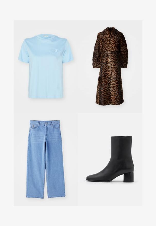 By Malene Birger RAFAIA - Téli kabát - brown; Világoskék pamut póló kerek nyakkivágással, rövid ujjal és hímzett "GANT AMERICAN SPORTSWEAR" logóval a mellkason.; Világoskék, bő szárú farmernadrág, klasszikus öt zsebes kialakítással és gombos felső záródással. Sima textúra, szétszedett szegély.; Fekete bőr bokacsizma hegyes orral és vastag, négyzet alakú sarokkal. Simább felület, mondanivaló nélküli dizájn és minimalista varrás.