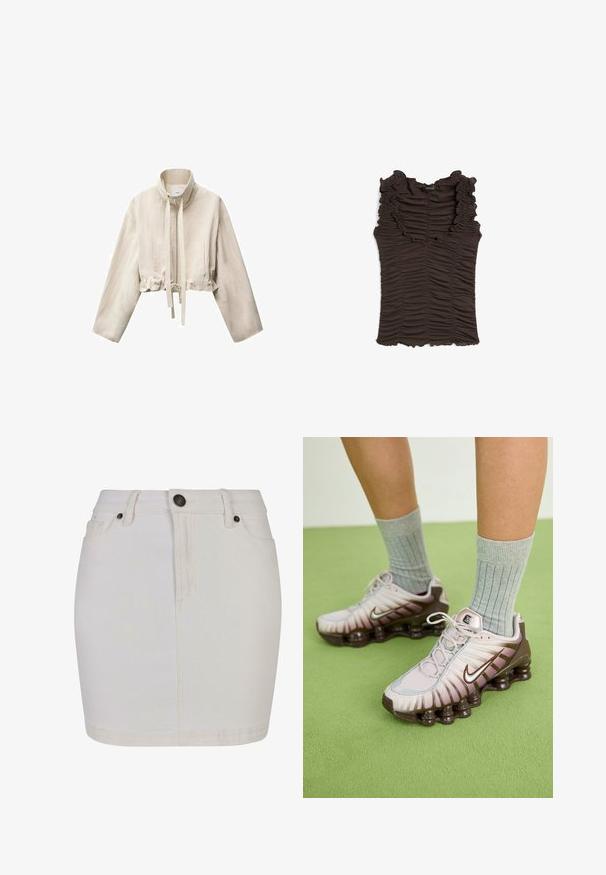 Zkrácená béžová bunda s vysokým límcem, dlouhými rukávy, předním zipem, nastavovací šňůrkou v pase a dvěma bočními kapsami.; Hnědý bezrukávový top s volánovým dekoltem a nařaseným materiálem po celé ploše. Má přiléhavý střih a texturovaný povrch.; Bílá džínová sukně s přiléhavým střihem, vybavená zapínáním na knoflík, poutky na pásek a klasickým pětikapsovým stylem. Hladká textura a délka do kolen.; Nike tenisky ve světle růžové a hnědé barvě, s texturovaným svrškem, vrstveným designem a odpruženou podešví s viditelnými vzduchovými jednotkami.