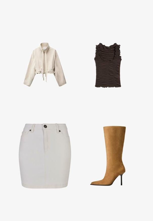 Giacca beige rifinita con colletto alto, maniche lunghe, zip frontale, cordoncino regolabile in vita e due tasche laterali.; Top marrone senza maniche con scollo arricciato e tessuto arricciato in tutto il capo. Presenta una silhouette aderente e una superficie texturizzata.; Gonna in denim bianco con un design aderente, dotata di chiusura a bottoni, passanti per cintura e classico stile a cinque tasche. Tessuto liscio e lunghezza fino al ginocchio.; Stivali in camoscio alti fino al ginocchio di colore cammello con punta affusolata e tacco sottile e alto. Texture liscia e silhouette elegante con dettagli minimi.