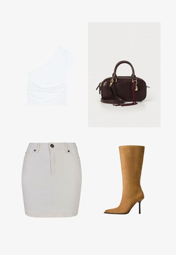 Zkrácená béžová bunda s vysokým límcem, dlouhými rukávy, předním zipem, nastavovací šňůrkou v pase a dvěma bočními kapsami.; Asymetrický bílý top s jedním krátkým rukávem, na levé straně s nařaseným designem a hladkou texturou. Vyroben z lehkého materiálu.; Bílá džínová sukně s přiléhavým střihem, vybavená zapínáním na knoflík, poutky na pásek a klasickým pětikapsovým stylem. Hladká textura a délka do kolen.; Kozačky do výšky kolen z jemné kůže v barvě kamel s špičatou špičkou a tenkým vysokým podpatkem. Hladká textura a elegantní silueta s minimem detailů.; Tmavě hnědá kožená kabelka s pletenou třásní, zlatými kovovými doplňky, dvojitými uchy a odnímatelným ramenním popruhem na bílém pozadí.