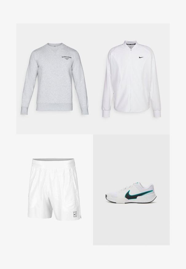 Giacca atletica bianca con zip realizzata in tessuto liscio. Presenta un colletto alto, maniche lunghe e un piccolo logo Nike nero sul petto.; Felpa grigia chiara realizzata in materiale morbido. Presenta un design a V, polsini a coste e un piccolo logo nero stampato sul lato superiore sinistro.; Pantaloni sportivi bianchi realizzati in tessuto leggero con vita elastica, dotati di due tasche laterali e un piccolo logo nero sull'orlo.; Scarpa da ginnastica bianca con tomaia in rete testurizzata, suola in gomma nera e accento teal del logo Nike. Presenta lacci e colletto imbottito.