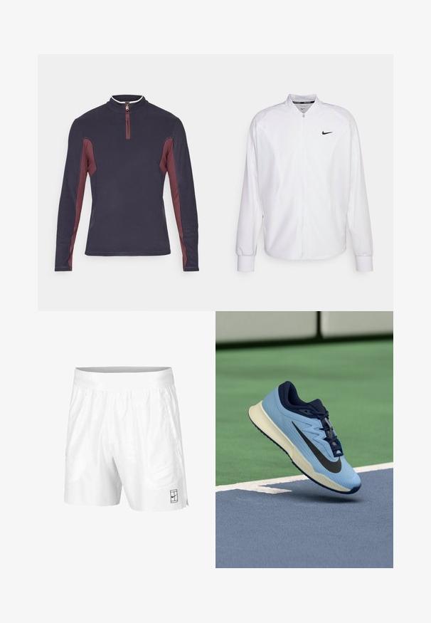 Weißer, kurzer Sportjacke mit glatter Oberfläche. Sie hat einen Stehkragen, lange Ärmel und ein kleines schwarzes Nike-Logo auf der Brust.; Marineblauer Langarmpullover mit kastanienbraunen Seiteneinsätzen und einem Viertelreißverschlusskragen, der einen kleinen silbernen Reißverschluss-Zug verfügt.; Weiße Sportshorts aus leichtem Gewebe mit einem elastischen Bund, ausgestattet mit zwei Seitentaschen und einem kleinen schwarzen Logo am Saum.; Hellblaue Sportschuhe mit marineblauen Akzenten, strukturiertes Mesh-Obermaterial und schwarzem Swoosh-Logo. Verfügt über eine gepolsterte Zwischensohle und eine Gummilaufsohle.