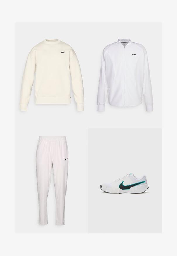 Witte zip-up sportjack gemaakt van gladde stof. Beschikt over een opstaande kraag, lange mouwen en een klein zwart Nike-logo op de borst.; Lichtbeige sweatshirt met een ronde halslijn, ribgebreide mouwen en onderrand, en een klein zwart logo op de borst. Zachte textuur en een relaxte pasvorm.; Witte sportbroek met een elastische tailleband. Heeft een slim fit, gladde textuur en een klein zwart Nike-logo aan de voorkant.; Witte sportieve schoen met een textuur mesh bovenwerk, zwarte rubberen zool en teal Nike swooshaccent. Voorzien van veters en een gewatteerde kraag.
