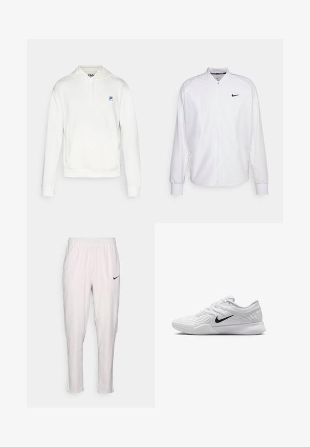 Chaqueta deportiva blanca con cremallera, fabricada con un tejido suave. Presenta un cuello alto, mangas largas y un pequeño logo negro de Nike en el pecho.; Sudadera blanca de forro polar con cordón y bolsillo frontal. Presenta un pequeño logo azul de FILA en el pecho. Textura suave, diseño informal.; Pantalones atléticos blancos con cinturilla elástica. Presentan un ajuste slim, textura suave y un pequeño logo negro de Nike en la parte frontal.; Zapatilla deportiva blanca con parte superior de malla texturizada, swoosh negro de Nike, cuello acolchado y suela de goma con un patrón de taco.