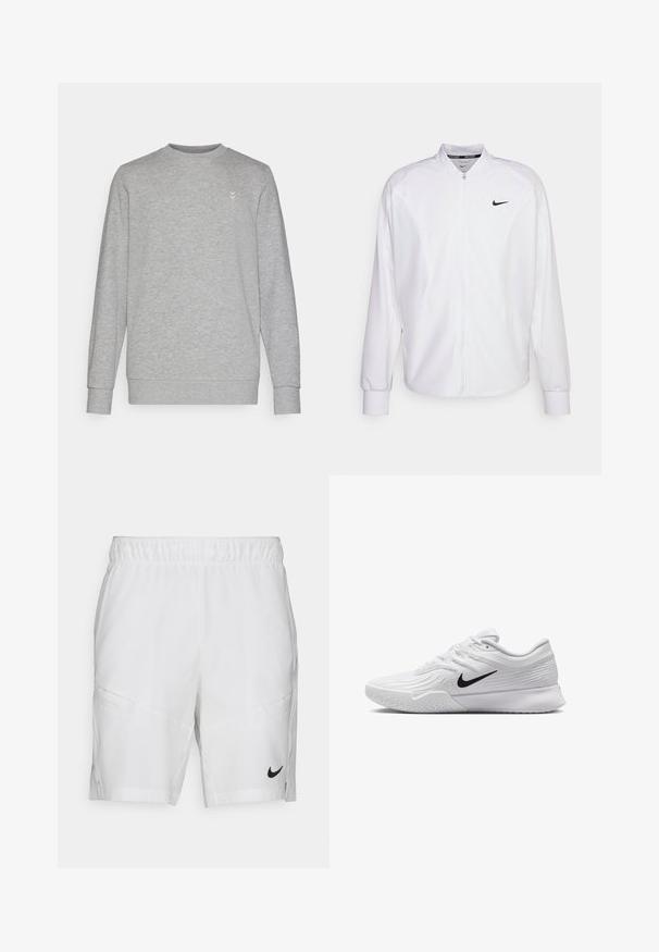 Weißer, kurzer Sportjacke mit glatter Oberfläche. Sie hat einen Stehkragen, lange Ärmel und ein kleines schwarzes Nike-Logo auf der Brust.; Grauer Sweatshirt mit Rundhalsausschnitt, langen Ärmeln und einem dezenten Logo auf der Brust. Hergestellt aus weichem Baumwollmischgewebe mit gerippten Bündchen.; Weiße Nike-Shorts mit einem elastischen Bund, zwei Seitentaschen und einem schwarzen Logo am unteren linken Bein. Glattes, leichtes Material.; Weißer Sportschuh mit strukturiertem Mesh-Obermaterial, schwarzem Nike-Swoosh, gepolstertem Kragen und Gummisohle mit einem Profilmuster.
