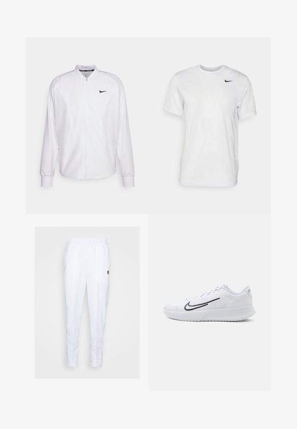 Weißer, kurzer Sportjacke mit glatter Oberfläche. Sie hat einen Stehkragen, lange Ärmel und ein kleines schwarzes Nike-Logo auf der Brust.; Weißes T-Shirt mit kurzen Ärmeln aus glattem Stoff. Verfügt über einen runden Halsauschnitt und ein kleines schwarzes Nike-Logo auf der linken Brust.; Weiße Sporthose mit elastischem Taillenbund, seitlichen Taschen und dezenten Nähten entlang der Beine.; Weiße Sportschuhe mit einem Obermaterial aus Mesh und strukturierten Details, versehen mit einem schwarzen Swoosh-Logo an der Seite und einer gepolsterten weißen Sohle.
