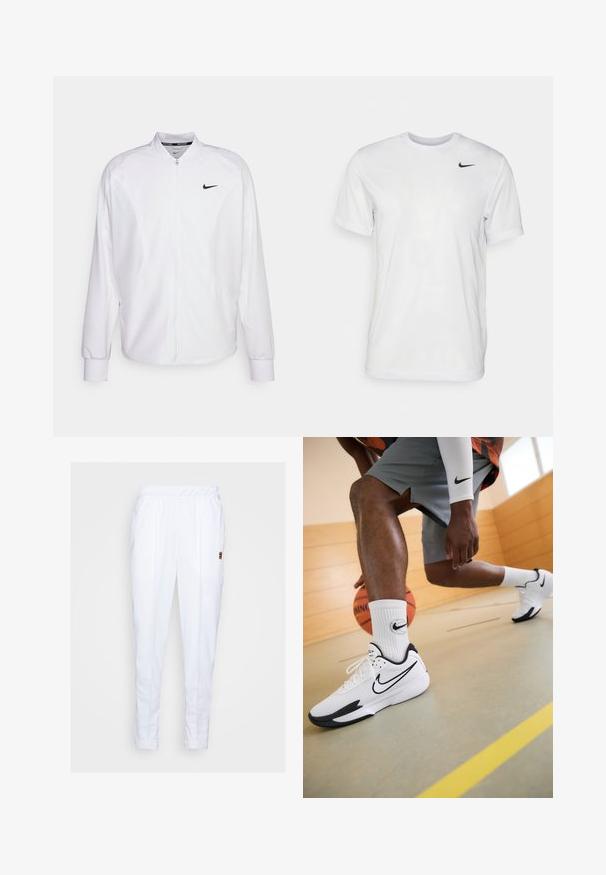 Chaqueta deportiva blanca con cremallera, fabricada con un tejido suave. Presenta un cuello alto, mangas largas y un pequeño logo negro de Nike en el pecho.; Camiseta blanca de manga corta hecha de tela suave. Presenta un cuello redondo y un pequeño logo negro de Nike en el pecho izquierdo.; Pantalones deportivos blancos con cintura elástica, que cuentan con bolsillos laterales y detalles de costura sutiles a lo largo de las piernas.; Zapatillas de baloncesto Nike en blanco con detalles en negro, que cuentan con una parte superior de malla y una suela texturizada. Llevadas con calcetines blancos de la marca Nike y pantalones cortos grises.